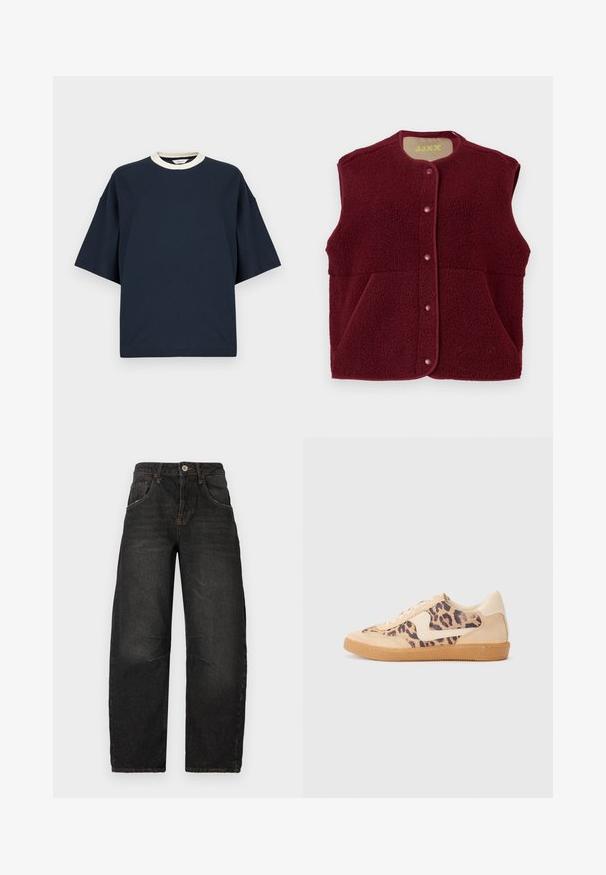 Burgundy sleeveless fleece vest with snap buttons down the front and two front pockets, round neckline.; Navy blue oversized t-shirt with a contrasting cream ribbed neckline. Short sleeves and a relaxed fit. Made from soft cotton fabric.; Black denim jeans with a straight-leg design, five pockets, visible stitching, and a front button closure. Textured fabric with slight fading.; Leopard print sneakers with beige suede upper, tan rubber sole, and white accents. Round toe and lace-up design with a textured finish.