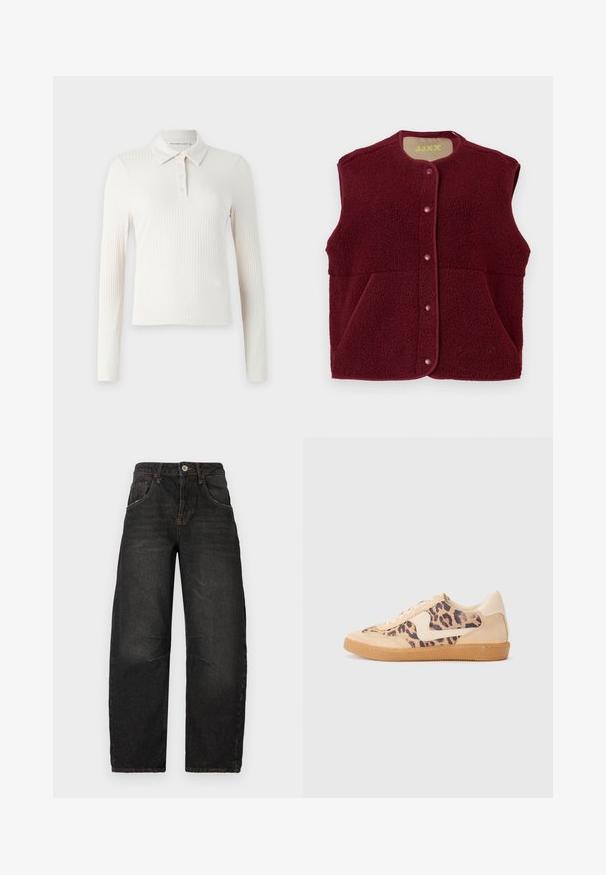 Burgunderfarbener ärmelloser Fleece-Westen mit Druckknöpfen auf der Vorderseite und zwei Fronttaschen, runder Halsausschnitt.; Langarm-Polohemd aus cremefarbenem Rippstoff mit klassischem Kragen, Knopfleiste und taillierter Silhouette.; Schwarze Denim-Jeans im Straight-Leg-Design, mit fünf Taschen, sichtbaren Nähten und einem vorderen Knopfverschluss. Strukturierter Stoff mit leichter Ausbleichung.; Löwenmuster-Sneaker mit beige Wildleder-Obermaterial, tanfarbener Gummisohle und weißen Akzenten. Runde Zehenform und Schnürdesign mit strukturiertem Finish.