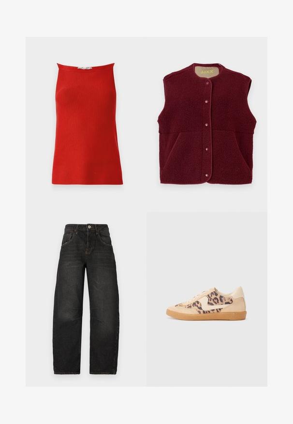 Gilet senza maniche in pile bordeaux con bottoni a pressione sul davanti e due tasche frontali, scollatura rotonda.; Top a canotta rosso a coste con scollo dritto e silhouette aderente, realizzato in tessuto liscio. Senza chiusure visibili o motivi.; Jeans in denim nero con design a gamba dritta, cinque tasche, cuciture a vista e chiusura frontale con bottone. Tessuto testurizzato con leggera scoloritura.; Sneakers in stampa leopardata con parte superiore in suede beige, suola in gomma color caramello e dettagli bianchi. Punta rotonda e design con lacci, con una finitura testurizzata.