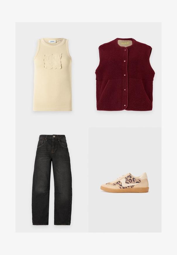 Burgunderfarbener ärmelloser Fleece-Westen mit Druckknöpfen auf der Vorderseite und zwei Fronttaschen, runder Halsausschnitt.; Beige geripptes ärmelloses Tanktop mit einem strukturierten quadratischen Patchdesign auf der Brust und einem runden Halsausschnitt.; Schwarze Denim-Jeans im Straight-Leg-Design, mit fünf Taschen, sichtbaren Nähten und einem vorderen Knopfverschluss. Strukturierter Stoff mit leichter Ausbleichung.; Löwenmuster-Sneaker mit beige Wildleder-Obermaterial, tanfarbener Gummisohle und weißen Akzenten. Runde Zehenform und Schnürdesign mit strukturiertem Finish.
