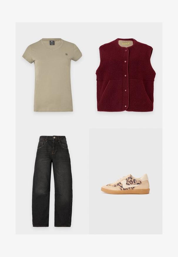 Burgundski brezrokavnik iz flisa s pritrdilnimi gumbi spredaj in dvema sprednjima žepoma, okrogel dekolte.; Khaki majica s kratkimi rokavi, izdelana iz bombaža. Ima ovratnik v obliki črke V in majhen logo na levi strani prsnega koša. Gladka tekstura.; Črne denim hlače naravnega kroja s petimi žepi, vidno šivanje in sprednjim gumbom za zapiranje. Teksturo tkanine dopolnjuje rahla zbledelost.; Teniske s leopardjim vzorom z zgornjim delom iz bež semiša, rjavim gumijastim podplatom in belimi detajli. Okrogla konica in vezenje z vezalkami ter teksturirana površina.