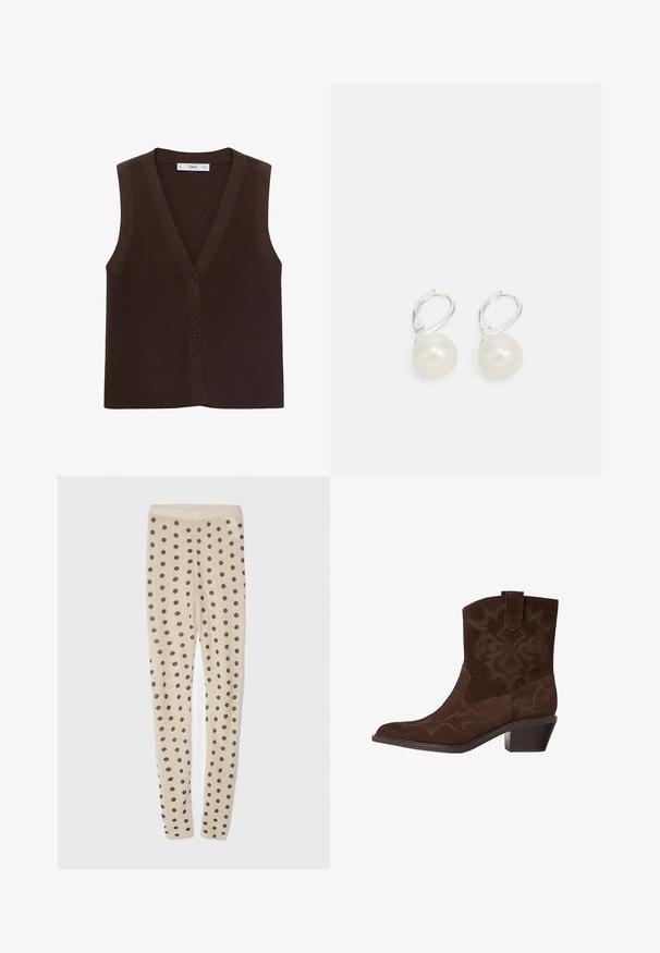 Brązowy dziany kamizelka z dekoltem w serek, z przodu zapinana na guziki i o ribbowym wykończeniu. Bez rękawów, minimalistyczny design.; Biała koszula z długim rękawem i klasycznym kołnierzykiem, o luźnym kroju. Miękka tkanina o gładkiej strukturze, bez wzorów i akcentów.; Beżowe legginsy o miękkiej teksturze, z całkowitym nadrukiem małych ciemnych kwiatów. Elastyczny pas dla wygodnego dopasowania.; Brązowy zamszowy but kowbojski z wąskim noskiem, ozdobnymi wzorami przeszyć, wysokością do kostki oraz klinowym obcasem. Posiada uchwyt ułatwiający zakładanie.; Kolczyki w kształcie łezki z perłami, o polerowanej powierzchni, z srebrnym zapięciem na lever back oraz okrągłymi, białymi perłami. Prosty, klasyczny design.