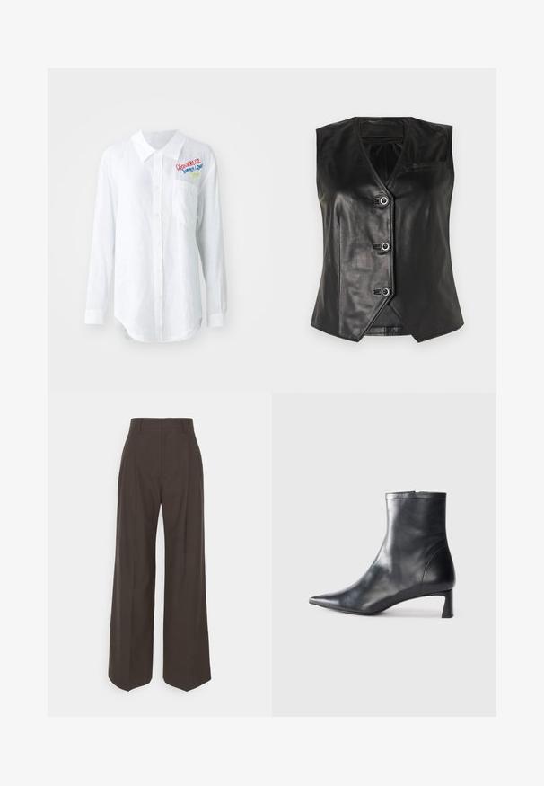 Črn usnjen jopič z V-izrezom, petimi gumbi in enim žepom na prsih. Ima gladko teksturo in prilegajoč kroj.; Bela srajca z dolgimi rokavi iz lanu, ki ima ostri ovratnik, zapiranje na gumb, levi žep in barvit vezen napis na prsih.; Temno rjave široke hlače z visokim pasom, ki imajo lepo stisnjene gube, gladko teksturo in krojen fit.; Črne usnjene gležnjarje s šiljastim nosom in elegantnim dizajnom. Imajo nizko peto in zadrgo na zadnji strani. Gladka tekstura.