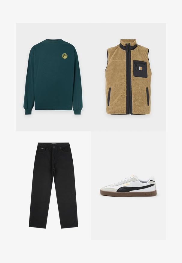 Beżowa kamizelka z polaru z wysokim kołnierzem, kontrastującymi granatowymi panelami bocznymi, zamkiem błyskawicznym z przodu oraz kieszenią na lewej piersi z zamkiem.; Koszula z długim rękawem w ciemnozielonym kolorze, wykonana z bawełny, z okrągłym dekoltem, z żółtym emblematem na górnej części pleców. Prosty, luźny krój.; Czarne jeansy proste o nogawce, z przednim guzikiem i zamkiem błyskawicznym, z pętlami na pasek i pięcioma kieszeniami, leżące na białym tle.; Białe skórzane trampki z czarnym zamszowym akcentem, okrągły czubek, płaska brązowa gumowa podeszwa oraz tłoczone złote logo na boku. Sznurowadła i wyściełany kołnierz.