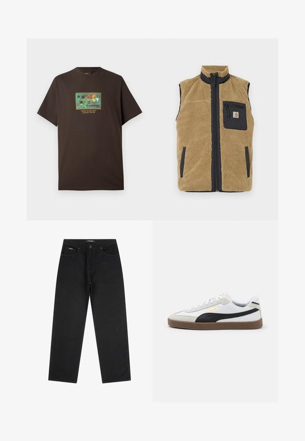 Šviesiai rudos vilnos liemenė su aukštu apykakle, kontrastinėmis tamsiai mėlynomis šoninėmis juostelėmis, priekyje užtrauktuku ir kairėje krūtinės pusėje užtrauktuku sukišamu kišenėle.; Ruda medvilnės marškinėliai su spalvinga grafika, vaizduojančia vaisius ir lapus. Trumpi rankovės, laisvas kirpimas ir apvalus kaklas.; Juodi tiesūs džinsai su priekiniais mygtukais ir užtrauktuku, diržo kilpos ir penkių kišenių dizainu, gulintys ant balto fono.; Baltos odinės sportinės bateliai su juodais zomšos akcentais, apvaliu pirštu, plokščiu ruduo guminis padu ir iškilmingu auksiniu logotipu šone. Su raišteliais ir paminkštintu apvadu.