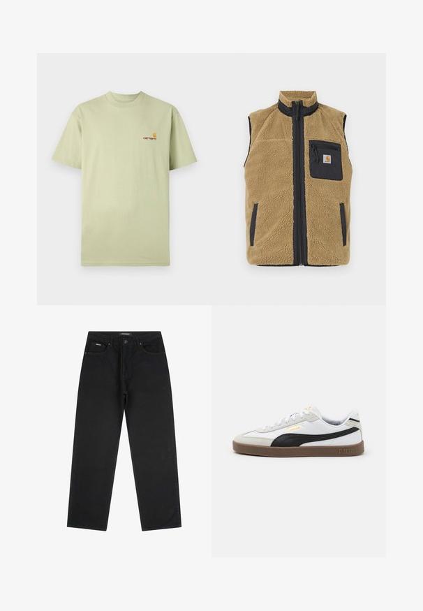 Beige Fleeceweste mit hohem Kragen, kontrastierenden marineblauen Seitenpanelen, frontale Reißverschluss und einer linken Brusttasche mit Reißverschluss.; Hellgrünes Baumwoll-T-Shirt mit kurzen Ärmeln und Rundhalsausschnitt. Enthält ein kleines orange-rotes Logo im oberen linken Brustbereich.; Schwarze gerade geschnittene Jeans mit vorderem Knopf und Reißverschluss, Gürtelschlaufen und Fünf-Taschen-Design, auf einem weißen Hintergrund flach ausgelegt.; Weiße Ledersneaker mit schwarzen Wildlederakzenten, runde Zehen, flache braune Gummisohle und geprägt goldenen Logo an der Seite. Schnürsenkel und gepolsterter Kragen.