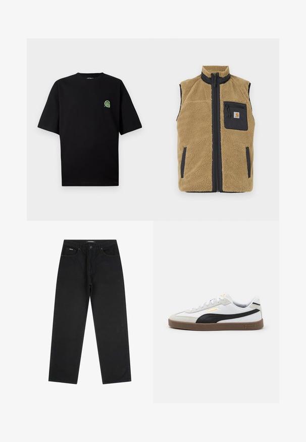 Kastains vilnas veste ar augstu apkakli, kontrastējošām tumši zilām sānu paneļiem, priekšējo rāvējslēdzēju un kreisajā krūšu kabatā ar rāvējslēdzēju.; Melna īsām piedurknēm T-kreklu, kas izgatavots no kokvilnas, ar zaļu logotipu kreisajā krūtī. Apaļa kakla izgriezums, brīva piegriezuma un gluda tekstūra.; Melni taisnā piegriezuma džinsi ar priekšējo pogu un rāvējslēdzēju, jostas cilpām un piecu kabatu dizainu, izlikti uz baltas fona.; Baltas ādas sporta apavi ar melnu zamšādas akcentu, apaļa purngala forma, plakana brūna gumijas zole un iegravēts zelta logo sānos. Šņorēšanas sistēma un mīkstināta apkakle.