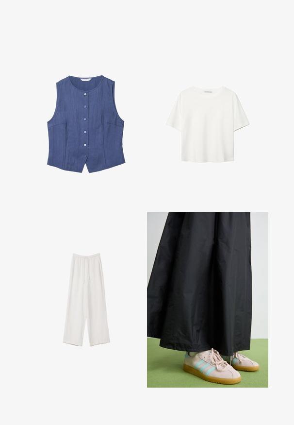 Modrá bezrukávová košeľa s rovnými strihom, piatimi gombíkmi a bočnými vreckami. Vyrobená z textúrovanej látky s jemným leskom.; Biela krátkopsová tričko vyrobené z bavlny. Má okrúhly výstrih a voľný strih. Hladká textúra bez viditeľných vzorov alebo akcentov.; Biele široké nohavice vyrobené z ľahkej tkaniny. Obsahujú elastický pás so sťahovacou šnúrkou a bočné vrecká. Hladká textúra.; Ružové semišové topánky s modrými pruhmi, obuté na dlhú čiernu sukňu z pokrčeného materiálu. Pozadie tvorí zelená podlaha.