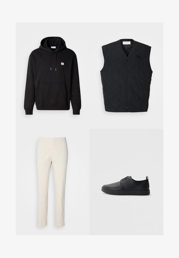 Svart quiltet vest med glidelås foran, med diamantmønster og et merke på venstre bryst. Strømlinjeformet design, uten ermer og lett tekstur.; Svart hettegensere med kengurulomme, justerbar snorlåshette og et lite logo-merke på brystet. Laget av mykt, teksturert stoff.; Kremfargede skreddersydde bukser med teksturert stoff. Har en rett ben-design, beltehemper og to frontlommer. Ingen mønstre.; Svart lær sneakers med glatt overflate, rund tå, tonede sømmer, snøring foran og flat gummisåle. Løkke på hælen.