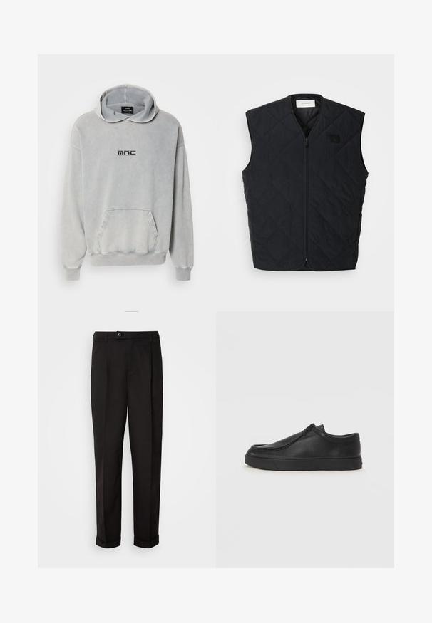 Mustra mustriga sobit, millel on tõmblukk esiosas, millel on rombikujundused ja silt vasakul rinnal. Kaunis disain, ilma varrukateta ja kerge tekstuur.; Heled hall sweatshirt kapuutsi, eestasku, soonikkoesed ja äär; rinnal on must trükitud logo "mnc". Puuvillane materjal.; Mustad püksid siledast kangast, sirge lõikega, kahe esipocketiga ja ühe nööbiga vöökoha kinnitamiseks.; Must na ostri varvastega musta nahast libisemisega king, millel on tikand ja must kummitald. Sile tekstuur ja minimalistik disain.