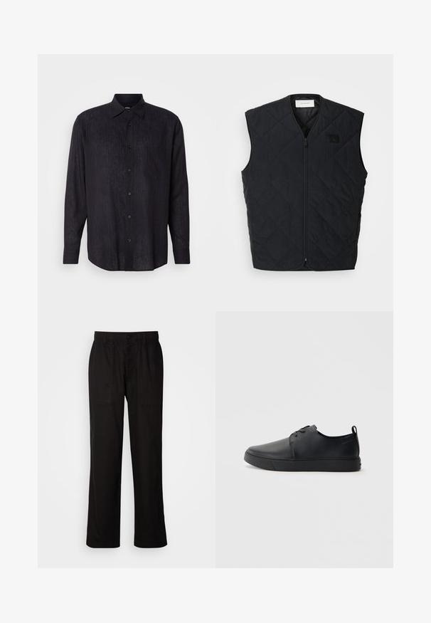 Schwarze gesteppte Weste mit Reißverschluss an der Vorderseite, mit Diamantmustern und einem Etikett auf der linken Brust. Elegantes Design, keine Ärmel und leichtes Material.; Navy Langarmhemd mit Button-Down-Kragen, ausgestattet mit horizontalen Nadelstreifen, einer Brusttasche und einer glatten Textur.; Schwarze Hose mit entspannter Passform, aus leichtem Stoff gefertigt. Verfügt über einen elastischen Bund, einen Knopfverschluss und zwei Fronttaschen.; Schwarze Leder-Sneaker mit glatter Oberfläche, abgerundeter Zehenpartie, gleichfarbiger Nähte, schnürbarem Vorderteil und flacher Gummisohle. Schlaufe an der Ferse.