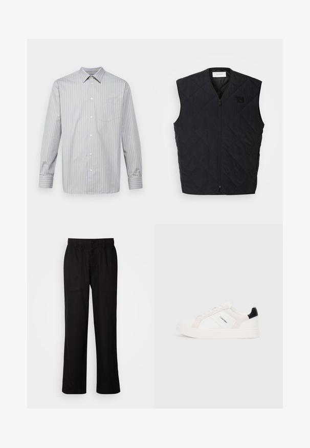 Fekete steppelt mellény cipzárral, gyémántmintákkal és bal mellen található címkével. Karcsú dizájn, ujjatlan és könnyű anyagú.; Kék és sárga csíkos, hosszú ujjú ing sima anyagból, gombos nyakkal, bal oldalon egy zsebek.; Fekete, laza szabású nadrág, könnyű anyagból készült. Rugalmas derékkal, gombos záródással és két elülső zsebbel rendelkezik.; Fehér sportcipők világos rózsaszín és fekete részletekkel, sima bőrből és velúrból készült panelek, kerek orr és lapos gumitalp.