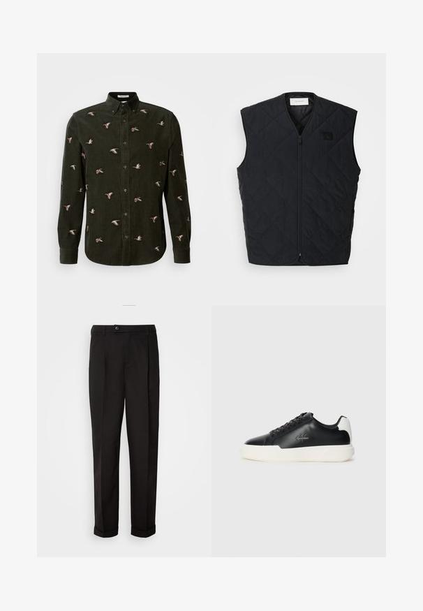 Mustassa tikkikunnossa oleva liivi, jossa on vetoketjusulku, timantinmuotoisia kuvioita ja merkki vasemmassa rinnassa. Tyylikäs muotoilu, ei hihoja ja kevyt rakenne.; Tummanvihreä veluuripaita, jossa on brodeerattuja ankkoja erilaisissa asennoissa. Napitettava kaulus ja pitkät hihat napitettavilla hihansuilla.; Mustat housut, joissa on sileä pinta, suora leikkaus, kaksi etutaskua ja yksittäinen nappikiinnitys vyötäröllä.; Mustat nahkasneakerit valkoisella kumipohjalla. Ominaisuuksia ovat pyöreä kärki, nauhakiinnitys ja logotyyli sivulla. Takasaumassa valkoinen yksityiskohta.