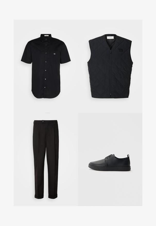 Schwarze gesteppte Weste mit Reißverschluss an der Vorderseite, mit Diamantmustern und einem Etikett auf der linken Brust. Elegantes Design, keine Ärmel und leichtes Material.; Schwarzes kurzärmeliges Hemd aus Baumwolle, mit Button-down-Kragen, vorderer Tasche mit gesticktem Logo, geradem Saum und glatter Textur.; Schwarze Hose mit glatter Textur, gerade geschnitten, zwei Fronttaschen und einem einzigen Knopfverschluss an der Taille.; Schwarze Leder-Sneaker mit glatter Oberfläche, abgerundeter Zehenpartie, gleichfarbiger Nähte, schnürbarem Vorderteil und flacher Gummisohle. Schlaufe an der Ferse.