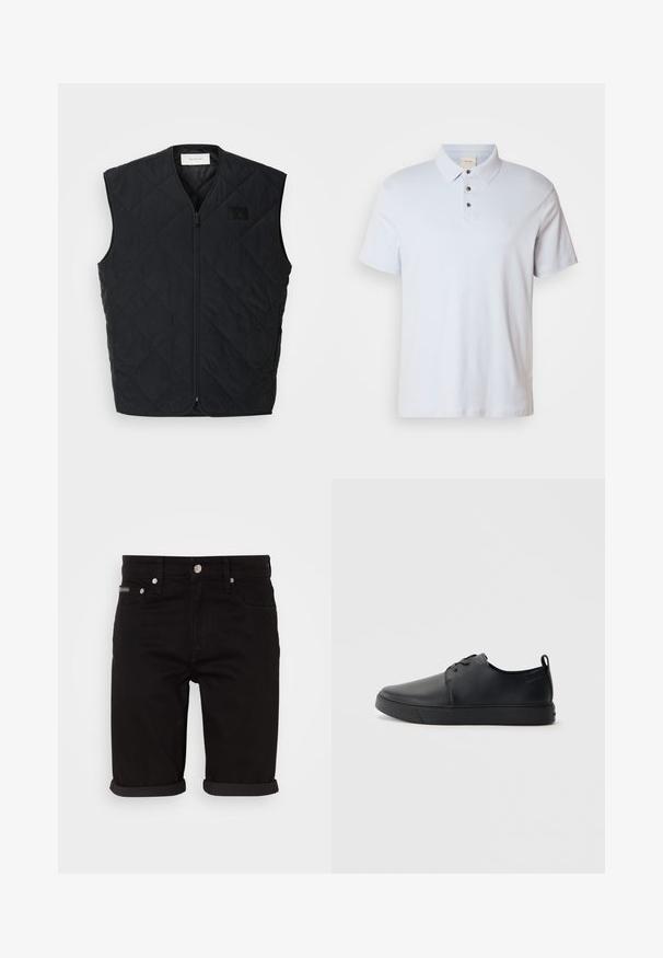 Črn prešiti brezrokavnik z zadrgo na sprednji strani, ki ima diamantne vzorce in oznako na levem prsnem delu. Eleganten dizajn, brez rokavov in lahka tekstura.; Svetlo modra polo majica iz bombaža, s tremi gumbi na zanki, z zavihanjem ovratnikom, kratkimi rokavi in majhnim logotipom na prsih.; Črne jeanske kratke hlače s ravnim krojem, ki imajo zavihan rob, sprednje žepe in zapiranje na gumb. Teksturirano blago z sublimiranim sijajem.; Črne usnjene športne čevlje z gladko površino, okroglo oblikovano nosilo, toniranim šivanjem, vezanjem spredaj in ravnim gumijastim podplatom. Zanko na peti.