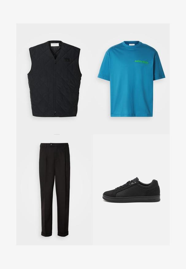 Mustra mustriga sobit, millel on tõmblukk esiosas, millel on rombikujundused ja silt vasakul rinnal. Kaunis disain, ilma varrukateta ja kerge tekstuur.; Tõrva värvi puuvillane T-särk, ümmargune kaelus, lühikesed varrukad, mille esiküljel on roheline "calvin klein" logo. Sile tekstuur.; Mustad püksid siledast kangast, sirge lõikega, kahe esipocketiga ja ühe nööbiga vöökoha kinnitamiseks.; Mustad mustad musta tekstuuriga mustad tenniseketid, ümar noaosa, tasane kummist tallaga ja mustad söödad. Külgedel on Calvin Kleini logo.