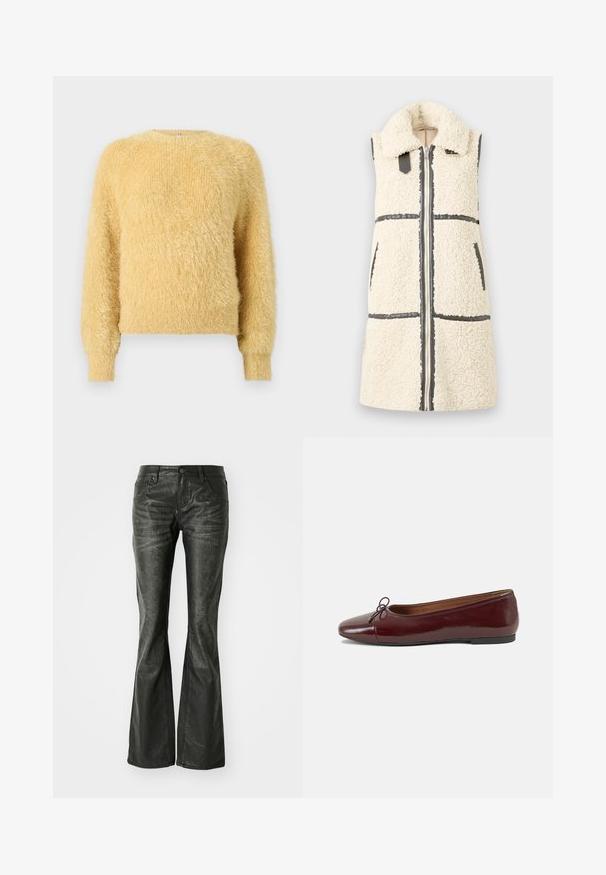 Sleeveless white sherpa vest with large collar, front zipper, two pockets, and black trim details.; Soft, fuzzy yellow long-sleeve sweater with ribbed cuffs and hem, featuring a crew neckline and a plush textured knit.; Black faux leather flared jeans with front pockets, a metal button closure, and a slightly textured surface. Straight leg with a long cut.; Burgundy patent leather ballet flat with a rounded toe, small bow accent at the front, and a low, black rubber sole. Smooth texture.