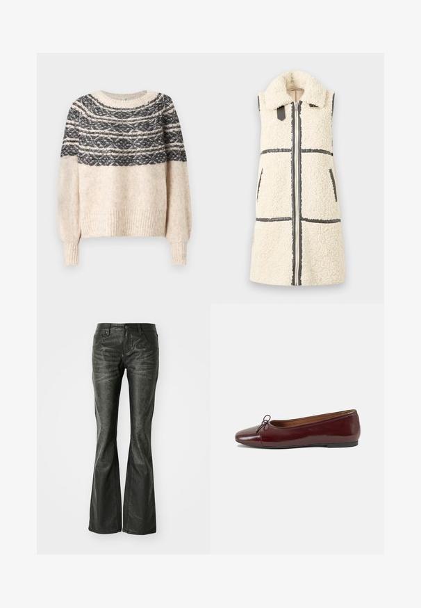 Ujjatlan fehér sherpa mellény nagy gallérral, elülső cipzárral, két zsebbel és fekete díszítésekkel.; Krém és fekete kötött pulóver mintás yoke-al, bordázott mandzsettával és hem-mel, sima háttér előtt. ; Fekete műbőr, bővülő szárú farmernadrág elülső zsebekkel, fémből készült gombos záródással és enyhén textúrázott felülettel. Egyenes szárú, hosszú fazon.; Burgundi lakkbőr balettcipő kerek orral, elöl kis masni díszítéssel és alacsony, fekete gumi talppal. Simára csiszolt felület.