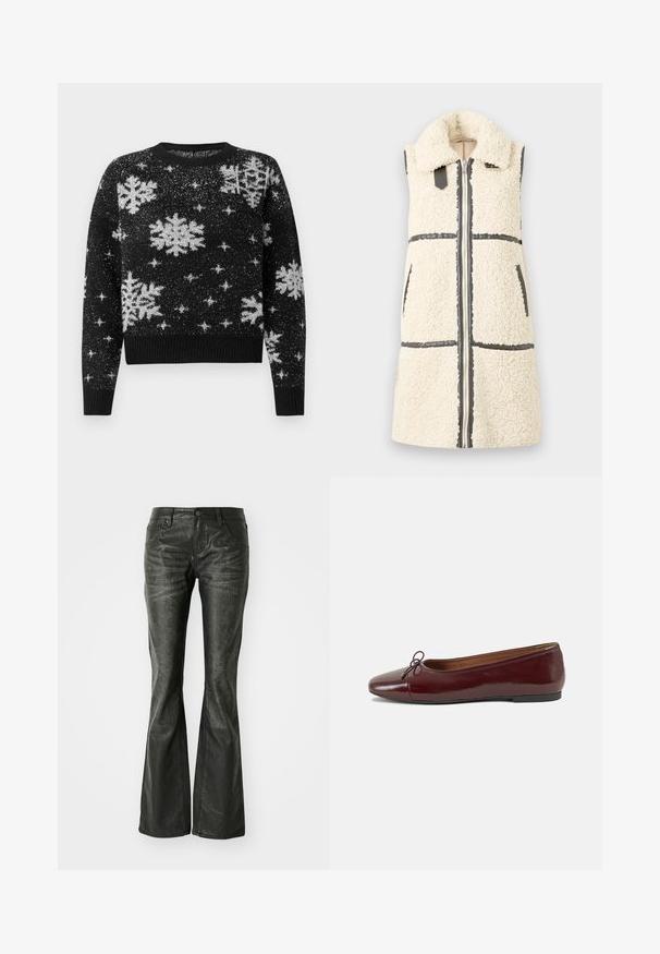 Sleeveless white sherpa vest with large collar, front zipper, two pockets, and black trim details.; Black sweater featuring white snowflake and star patterns, made with a textured fabric, round neckline, and ribbed hem and cuffs.; Black faux leather flared jeans with front pockets, a metal button closure, and a slightly textured surface. Straight leg with a long cut.; Burgundy patent leather ballet flat with a rounded toe, small bow accent at the front, and a low, black rubber sole. Smooth texture.
