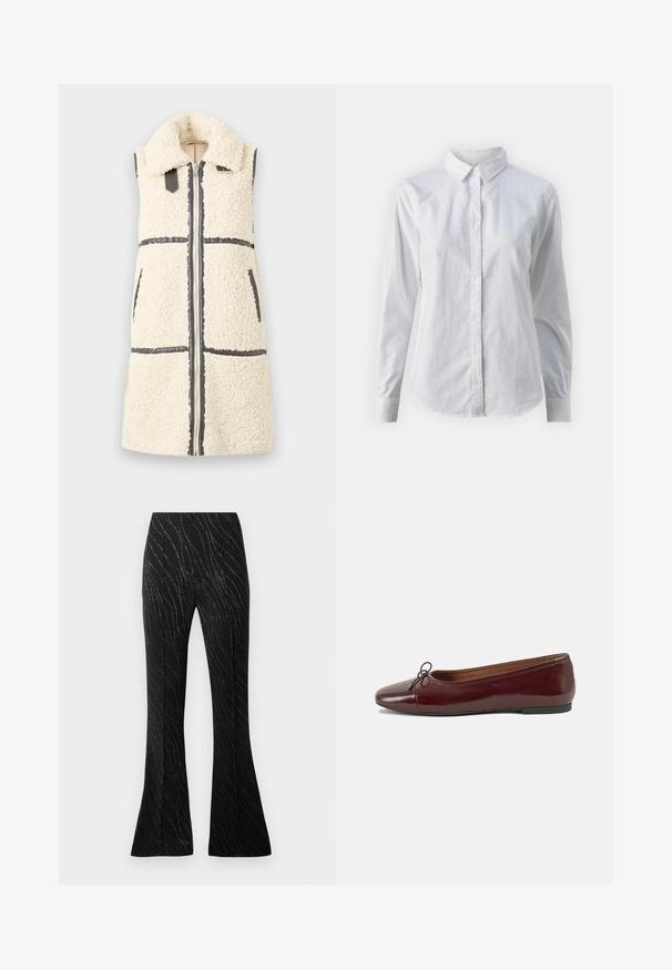 Vest alb din sherpa fără mâneci, cu guler mare, fermoar frontal, două buzunare și detalii negre.; Cămașă albă cu nasturi, confecționată din bumbac neted, având un guler clasic, mâneci lungi și un tiv curbat. Nasturii sunt mici și albi.; Pantaloni negri evazați, realizați dintr-un material cu textură moale, având un model cu fir argintiu ondulat pe toată suprafața. Croială ajustată cu pliseuri frontale.; Balerini din piele patent burgund cu vârful rotund, accent de fundiță mică în față și talpă joasă din cauciuc negru. Textură netedă.