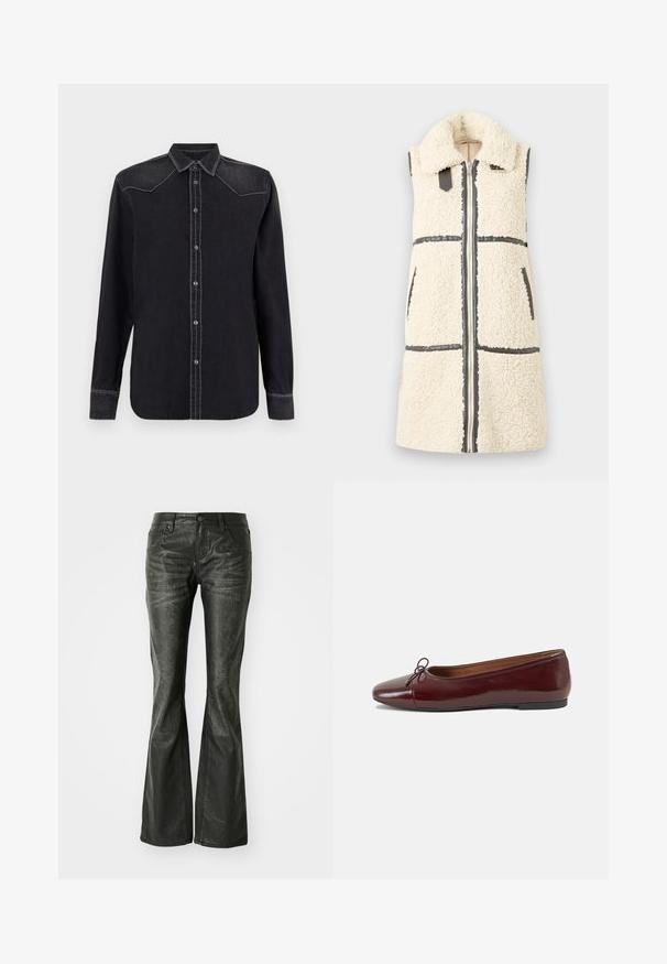 Ermeløs hvit sherpa-vest med stor krage, frontglidelås, to lommer og svarte detaljer.; Replay SHIRT - Skjortebluse - black; Sorte falske skinn flared jeans med frontlommer, metallknapplukking og en lett teksturert overflate. Rett ben med lang kutt.; Burgunderrød lakk lær ballettleilighet med rund tå, liten sløyfe foran og en lav, svart gummisåle. Glatt tekstur.