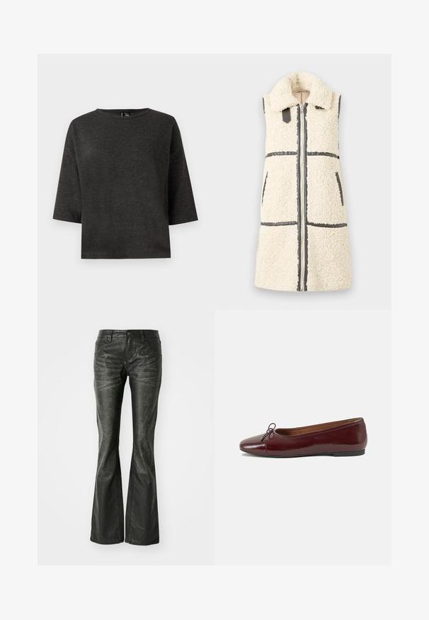 Ermeløs hvit sherpa-vest med stor krage, frontglidelås, to lommer og svarte detaljer.; Mørkegrå, kortermet topp laget av myk stoff. Har rund hals og enkel, firkantet fasong uten dekorasjoner eller mønstre.; Sorte falske skinn flared jeans med frontlommer, metallknapplukking og en lett teksturert overflate. Rett ben med lang kutt.; Burgunderrød lakk lær ballettleilighet med rund tå, liten sløyfe foran og en lav, svart gummisåle. Glatt tekstur.