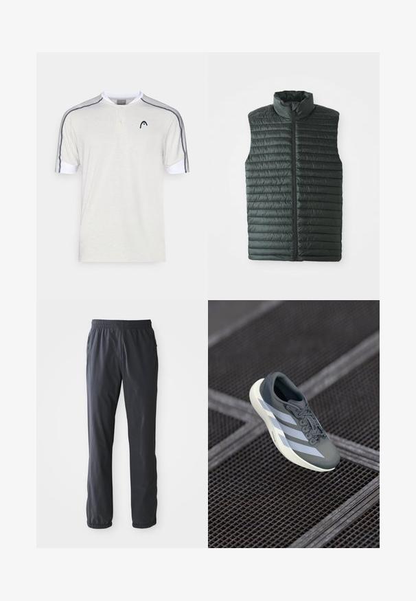 Černá prošívaná vesta s vysokým límcem, nabízející horizontálně prošívané sekce a přední zip. Lehký materiál a hladká textura.; Poloko s krátkým rukávem v světle šedé bavlně, s bílým límcem, dvoubotovým zapínáním a tmavě šedými akcentními pruhy na ramenou.; Pánské tmavě šedé lehké kalhoty s elastickým pasem a manžetami na kotnících, s předními kapsami na zip, rozložené na bílém pozadí.; Sportovní obuv v šedé a bílé barvě, vyrobená z syntetického materiálu, s aerodynamickým designem, texturovaným povrchem a výrazným systémem šněrování.