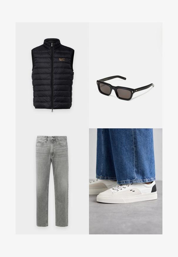 Svart polstret vest med høy krage, frontglidelås og logo i gull. Har sydd seksjoner for isolasjon og en jevn tekstur.; Hvit bomulls t-skjorte med rund hals og korte ermer, med en gullfarget EA7 Emporio Armani-logo trykket på fronten.; Grå denim jeans med rett benklipp, som har en klassisk fem-lomme-design og subtil falming for tekstur. Standard glidelås-lukking.; Hvite og svarte joggesko med en glatt læroverdel, teksturerte detaljer og en kraftig hvit såle. Har en klassisk snøring.; Sorte rektangulære solbriller med mørke linser, tykk plastikkramme, gullaccenter på skulderpartiet og merkevarelogo gravert på armen.