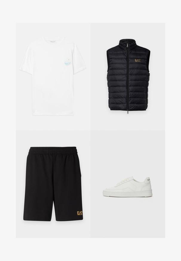 Gilet rembourré noir avec col haut, fermeture zippée sur le devant et logo doré. Présente des sections cousues pour l'isolation et une texture lisse.; T-shirt en coton blanc à manches courtes, avec un petit imprimé graphique multicolore sur le côté gauche de la poitrine représentant des vagues et le texte "Sorti du plastique".; Shorts de sport noirs en tissu doux, avec une taille élastique et un petit logo jaune EA7 sur le bas de la jambe gauche.; Baskets en cuir blanc avec une finition lisse, bout arrondi, lacets plats et semelle texturée. Présente un logo discret sur le talon.
