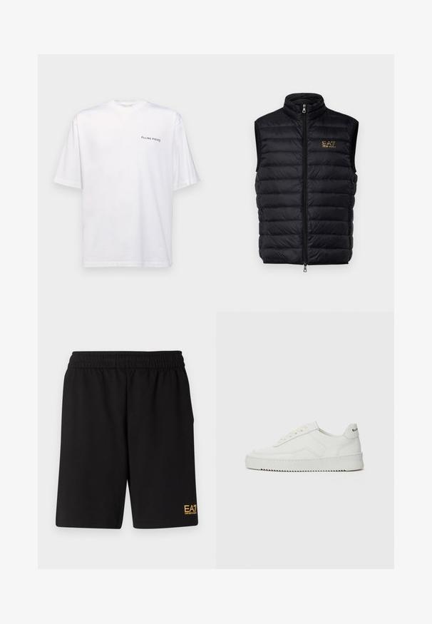 Gilet rembourré noir avec col haut, fermeture zippée sur le devant et logo doré. Présente des sections cousues pour l'isolation et une texture lisse.; T-shirt blanc à manches courtes en coton avec un col en V, présentant un logo noir "FILLING PIECES" imprimé sur le côté gauche.; Shorts de sport noirs en tissu doux, avec une taille élastique et un petit logo jaune EA7 sur le bas de la jambe gauche.; Baskets en cuir blanc avec une finition lisse, bout arrondi, lacets plats et semelle texturée. Présente un logo discret sur le talon.