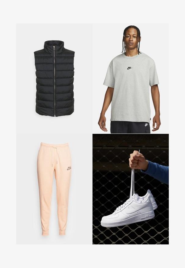 Colete acolchoado preto com gola alta, apresentando um fecho central com zipper e padrão acolchoado horizontal. O material parece liso e leve.; Pessoa jovem com cabelo trançado a usar uma camiseta Nike cinza claro e calções Nike pretos em fundo branco liso.; Nike Sportswear REVIVAL - Calças de fato de treino - white ony; Sapatilhas de couro branco com perfurações, biqueira redonda, sola plana e atacadores grossos, apresentando um logotipo swoosh visível e "AIR" no calcanhar.
