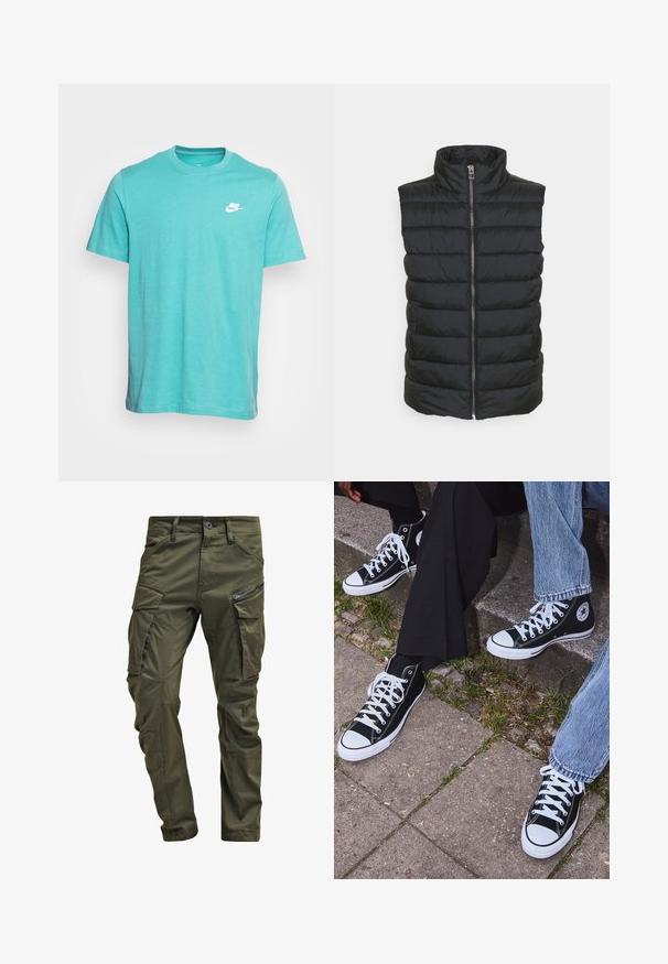 Colete acolchoado preto com gola alta, apresentando um fecho central com zipper e padrão acolchoado horizontal. O material parece liso e leve.; Nike Sportswear CLUB TEE - T-shirt básica - washed teal; Calças cargo de verde oliva feitas de algodão resistente. Apresenta múltiplos bolsos, um bolso lateral com fecho de correr e pernas afuniladas com um acabamento ligeiramente texturizado.; Sneakers de lona pretos de cano alto com solas e atacadores brancos, apresentando um logótipo circular de lado e combinados com calças de ganga e calças pretas.
