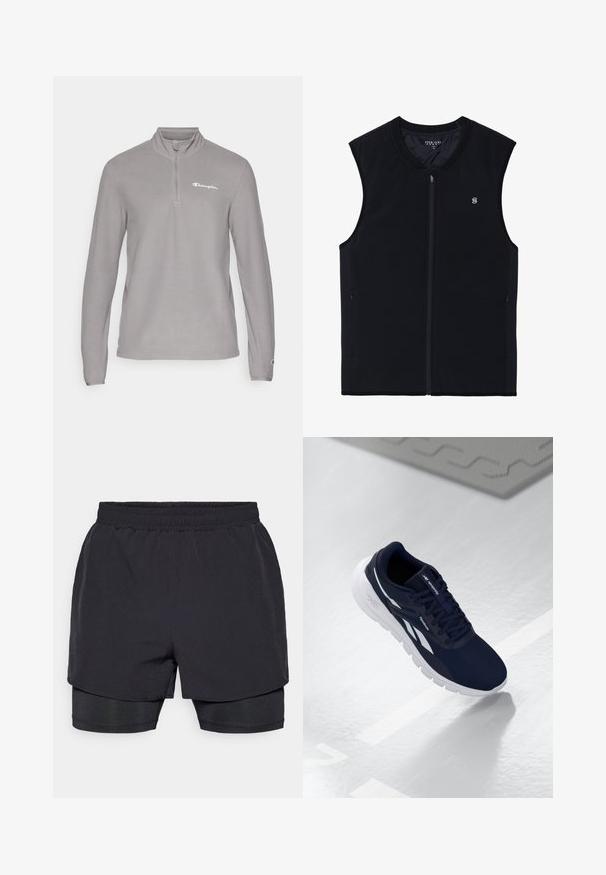 Zwarte zip-up vest zonder mouwen, gemaakt van een gladde stof. Beschikt over zijzakken, een hoge kraag en een klein logo op de borst.; Lichtgrijze half-zip pullover van gladde stof. Heeft lange mouwen en een klein geborduurd logo op de borst.; Zwarte sportshorts met een elastische tailleband, gelaagd ontwerp en een aansluitende binnenvoering. Glad textuur, ontworpen voor comfort.; Marineblauwe sportschoen met een gestructureerde bovenkant, witte accenten en een gevoerde zool. Voorzien van een vetersluiting en een logo op de tong.