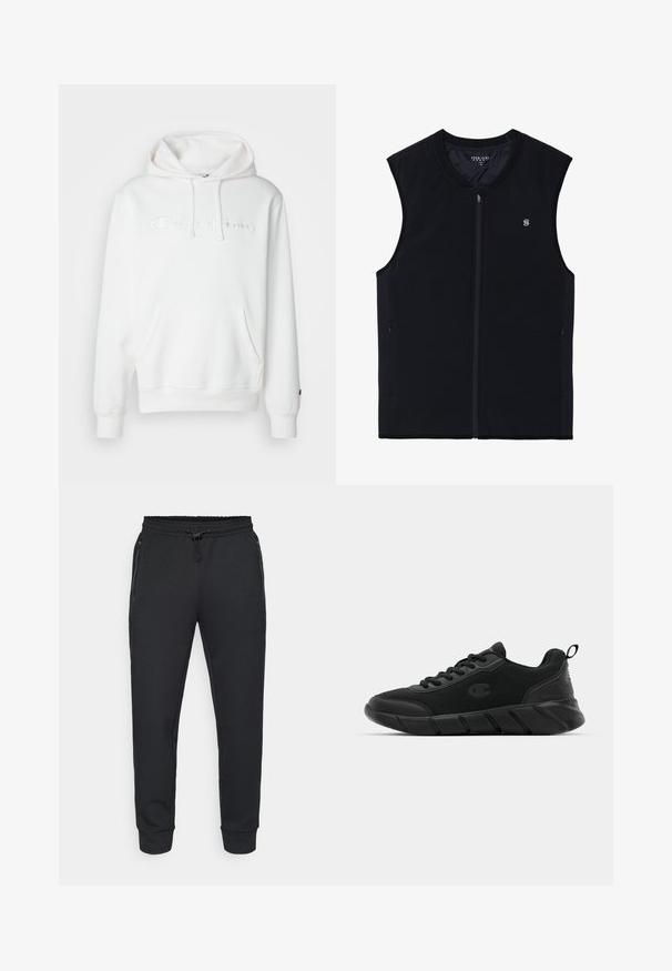 Chaleco negro con cremallera y sin mangas, hecho de una tela suave. Cuenta con bolsillos laterales, un cuello alto y un pequeño logo en el pecho.; Sudadera con capucha blanca hecha de tela suave. Cuenta con un bolsillo frontal, capucha con cordón y el logo "Champion" bordado. Las mangas son acanaladas.; Pantalones de chándal negros con cinturilla elástica ajustable, bolsillos laterales con cremallera y puños acanalados. Fabricados en un tejido suave y texturizado.; Zapatillas deportivas negras con parte superior de malla, puntera reforzada, entresuela texturizada y una pestaña trasera para facilitar el calzado. Logo exhibido en el lateral.