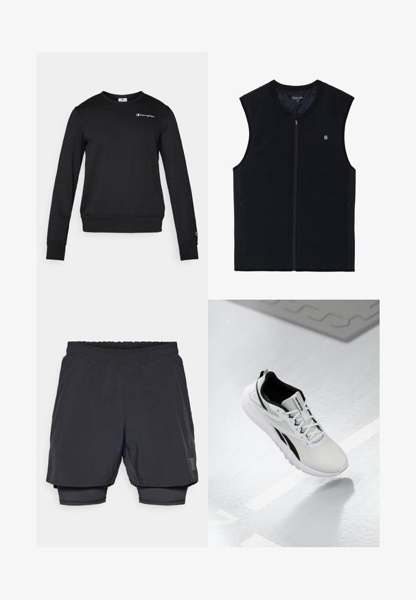 Schwarwest überzogene Weste ohne Ärmel, aus einem glatten Stoff. Verfügt über seitliche Taschen, einen hohen Kragen und ein kleines Logo auf der Brust.; Schwarzer Pullover aus Baumwollmischung, mit langen Ärmeln, Rundhalsausschnitt und kleinem weißen Champion-Logo auf der Brust.; Schwarze Sportshorts mit elastischem Bund, schichtweise Design und angepasster Innenauskleidung. Mit einem dezenten Logo an der unteren Seite.; Hellgrau Sport-Schuh mit schwarzen Akzenten, strukturiertem Mesh-Obermaterial, gepolstertem Sohlen und Schnürverschluss. Mit einer Zuglasche an der Ferse.