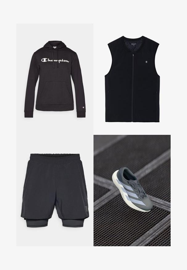 Juodas zip-up liemenė be rankovių, pagaminta iš lygios medžiagos. Turi šonines kišenes, aukštą apykaklę ir mažą logotipą ant krūtinės.; Juodas gobtuvėlis, pagamintas iš minkštos medžiagos, su dideliu baltu "Champion" logotipu priekyje, kengūros kišeniu ir gumuotais rankogaliais.; Juodi sportiniai šortai su elastingu juosmeniu, sluoksniuota konstrukcija ir prigludusia vidine pamušalu. Turi subtilų logotipą apatinėje pusėje.; Sportiniai batai pilkos ir baltos spalvos, pagaminti iš sintetinės medžiagos, su srauniu dizainu, tekstūruota danga ir ryškiu raištelių sistemu.