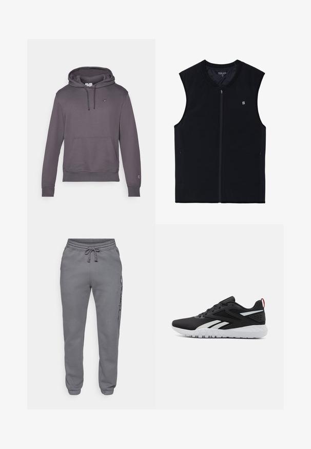 Black zip-up vest with no sleeves, made of a smooth fabric. Features side pockets, a high collar, and a small logo on the chest.; Gray hoodie made of cotton blend, featuring a kangaroo pocket, drawstrings, ribbed cuffs, and a small logo on the chest.; Champion ICONS ELASTIC-CUFF SLIM FIT - Tracksuit bottoms - foggy; Black athletic shoes featuring a mesh upper, white accents, textured sole, and a red heel tab for added detail.
