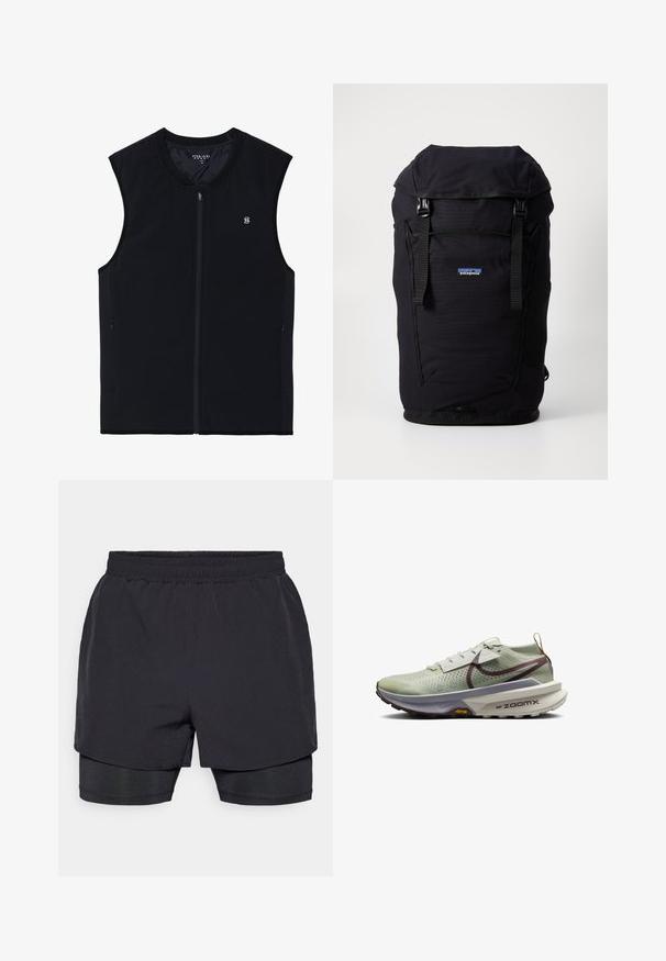 Gilet nero con zip e senza maniche, realizzato in un tessuto liscio. Presenta tasche laterali, un colletto alto e un piccolo logo sul petto.; Maglietta nera a maniche lunghe con maniche raglan, scollatura rotonda e un piccolo logo sul petto. Tessuto liscio con un design aderente.; Pantaloni sportivi neri con vita elasticizzata, design a strati e foderato interno aderente. Texture liscia, progettati per il comfort.; Nike Performance ZOOMX ZEGAMA 2 - Scarpe da trail running - green; Zaino in tessuto nero con chiusura roll-top, spallacci regolabili e un logo ben visibile sulla parte anteriore. Design semplice, senza pattern.