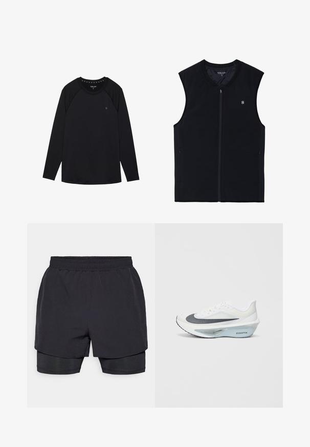 Fekete cipzáros mellény ujjatlan kialakítással, sima anyagból készült. Oldalsó zsebekkel, magas gallérral és kis logóval rendelkezik a mellkason.; Fekete hosszú ujjú póló, raglán ujjakkal, kerek nyakkivágással és egy kis logóval a mellkason. Sima anyag, fitt fazonban.; Fekete sportos rövidnadrág, elasztikus derékpánttal, réteges kialakítással és illeszkedő belső béléssel. Simas textúra, a kényelem érdekében tervezve.; Fehér sportcipő szürke hálós felsőrésszel, kék ZoomX hab középtalppal és ívelt talppal a fokozott propulzió és kényelem érdekében.