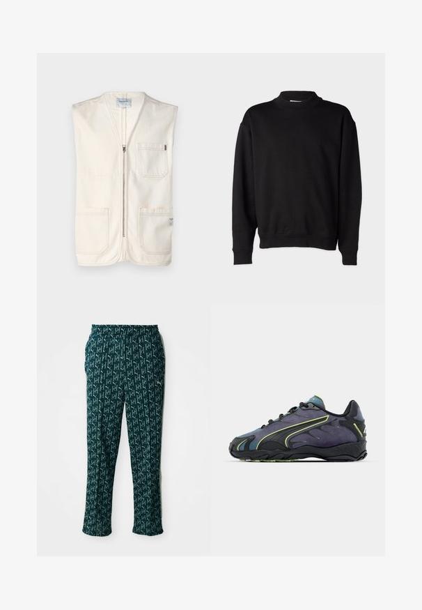 Beige ärmlös väst i bomull, med frontdragkedja, två stora framfickor och en liten etikett på nedersta högra sidan.; Svart sweatshirt med hög, ribbad krage, långa ärmar och avslappnad passform. Mjuk textur med ribbade muddar och nederkant.; Gröna mönstrade byxor med ett upprepat logotypdesign, med elastisk midjeband och rak klippning, visade mot en neutral bakgrund.; Svarta och lila träningsskor med en texturerad ovansida, gröna accentlinjer och en gummisula med ett vågigt mönster. Snörning.