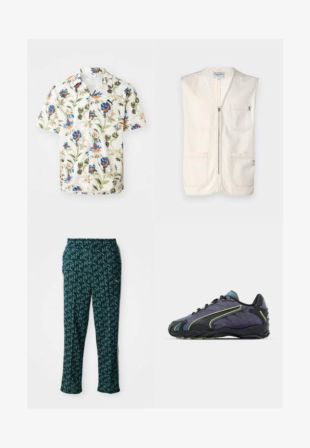 Beżowa bezrękawnik wykonana z bawełny, z zamkiem błyskawicznym z przodu, dwiema dużymi kieszeniami z przodu oraz małą metką na dolnym prawym boku.; Koszula z krótkim rękawem w białym, fakturowanym materiale, z kolorowym nadrukiem kwiatowym w odcieniach niebieskiego, pomarańczowego i zielonego. Zapinana na guziki.; Zielone spodnie w wzór z powtarzającym się nadrukiem logo, z elastycznym pasem i prostym krojem, zaprezentowane na neutralnym tle.; Czarno-fioletowe buty sportowe z teksturowaną cholewką, zielonymi akcentami i gumową podeszwą z falistym wzorem. Sznurowane zapięcie.