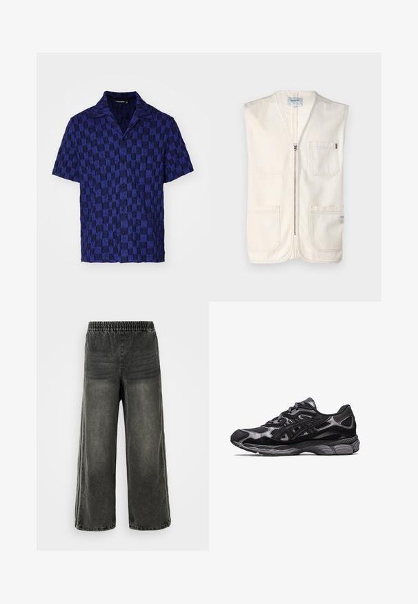 Beige ärmellose Weste aus Baumwolle, mit einem Reißverschluss vorne, zwei großen Fronttaschen und einem kleinen Etikett auf der unteren rechten Seite.; J.LINDEBERG TORPA RESORT - Hemd - bridge stack blue; Schwarz gewaschene Denim-Hosen mit elastischem Bund und weitem Bein, mit subtilen vertikalen Nahtdetails an den Seiten.; Schwarzer Sportschuh mit einem Obermaterial aus Mesh und Wildleder, der ein strukturiertes Design und eine robuste, gepolsterte graue Sohle aufweist.