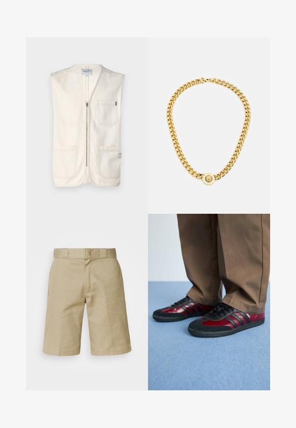 Beegem omamata vest, mis on valmistatud puuvillast, ees lukuga, kahe suure ees taskuga ning väikese sildiga alumises paremas servas.; Kolm valget ribaga t-särki, mis on valmistatud puuvillast. Omavad ümmargust kaelanõhku ja väikseid musti silte hemme lähedal. Saadaval erinevates suurustes.; Kahvade lühikesed püksid, millel on lamedate ees, õmmeldud vöökoht ja vööaasad ning kaks küljetaskut. Valmistatud kergest kangast.; Mustard ja burgundi värvi sportlikud jalanõud, millel on nahast ja sametist materjalid, mustad paelad ning küljel kolm musta triipu. Kummist tald.; Kuldne kett kaelakee suurte omavahel ühendatud linkidega, mille keskel on ringikujuline ripats, millel on kõrgendatud emblem.