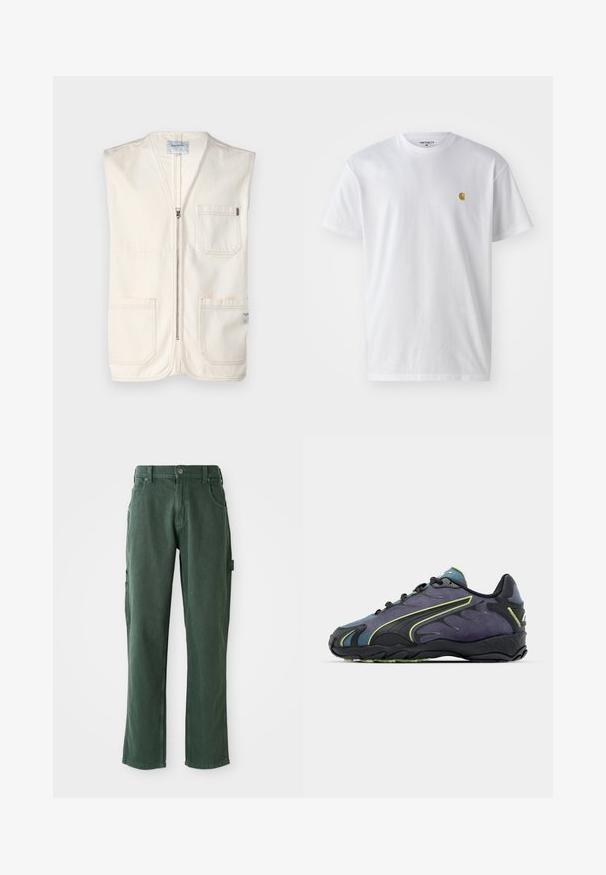 Chaleco sin mangas beige de algodón, con cremallera frontal, dos grandes bolsillos delanteros y una pequeña etiqueta en la parte inferior derecha.; Camiseta de algodón blanca con mangas cortas, cuello redondo, que presenta un pequeño logo dorado en la parte izquierda del pecho. Textura suave y corte regular.; Pantalones cargo verdes de algodón, con un corte recto, bolsillos y costuras a tono. Textura suave con un brillo sutil.; Zapatillas deportivas negras y moradas con un upper texturizado, líneas de acento verdes y una suela de goma con un diseño ondulado. Cierre con cordones.