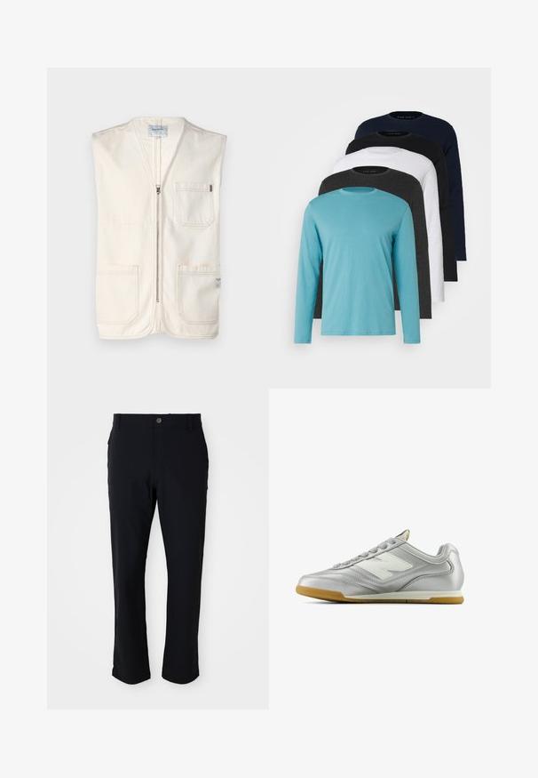 Vesta bej fără mâneci, confecționată din bumbac, cu un fermoar frontal, două buzunare mari în față și un mic etichetă în colțul din dreapta jos.; Cinco tricouri cu mânecă lungă într-o linie: turcoaz, negru, alb, gri închis și albastru marin. Material moale cu design guler rotund și croială standard.; Pantaloni negri cu închidere prin buton, design drept, textură netedă și buzunare laterale, potriviți pentru o varietate de ocazii.; Cămașă sport argintie cu o suprafață netedă și strălucitoare, logo alb pe lateral, șireturi texturate gri și talpă din cauciuc de gumă.