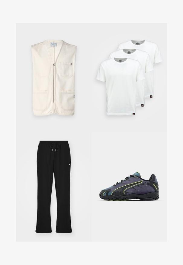 Beige bezrukávový sveter vyrobený z bavlny, so zipsom na prednej strane, dvoma veľkými prednými vreckami a malou nálepkou na dolnej pravej strane.; Tri obyčajné biele bavlnené tričká s krátkym rukávom. Každé tričko má okrúhly výstrih a malú čiernu nálepku s logom na ľavej strane.; Čierne teplákové nohavice s elastickým pásom a šnúrkou, so bočnými vreckami a nenápadným logom na ľavom stehne. Mäkká tkanina, rozšírený strih.; Čierne a fialové športové topánky s textúrovaným zvrškom, zelenými akcentmi a gumovou podrážkou so vlnkovým vzorom. Šnurovací uzáver.