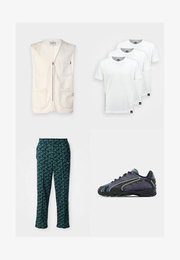 Bež prsluk bez rukava napravljen od pamuka, s prednjim zatvaračem, dva velika prednja džepa i malom etiketom u donjem desnom kutu.; Tri obične bijele pamučne majice kratkih rukava. Svaka majica ima okrugli izrez i malu crnu oznaku s logom sa lijeve strane.; Zelene hlače s uzorkom koje sadrže ponovljeni dizajn logotipa, s elastičnim pojasom i ravnim krojem, prikazane na neutralnoj pozadini.; Crne i ljubičaste atletske tenisice s teksturiranom gornjom površinom, zelenim akcentnim linijama i gumenim potplatom s valovitim uzorkom. S vezanjem.