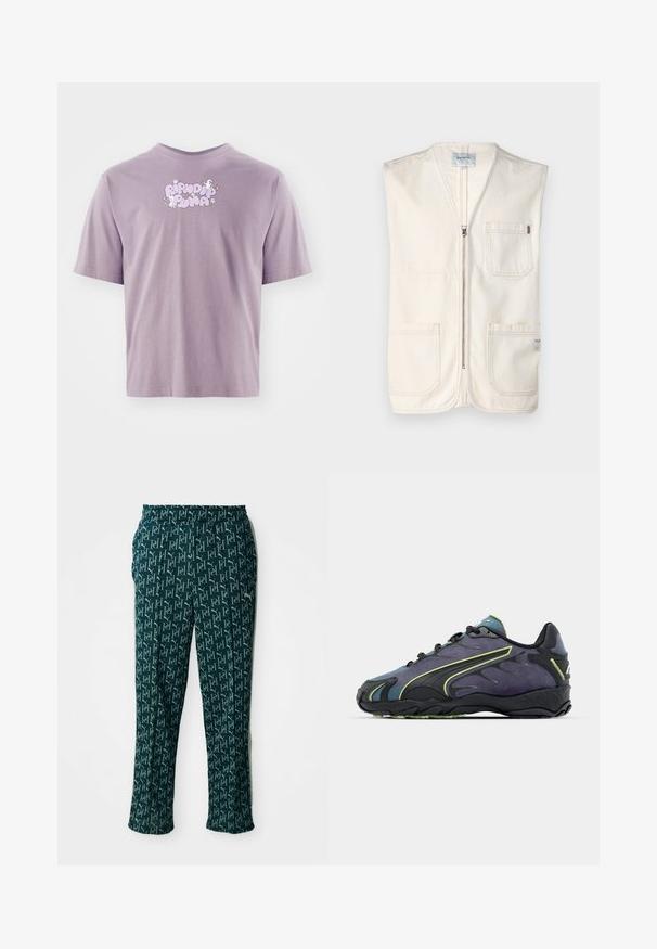 Bež brezrokavnik iz bombaža, z sprednjim zadrgo, dvema velikima sprednjima žepoma in majhno nalepko na spodnjem desnem delu.; Lila majica s kratkimi rokavi z napisom "Ripndip Plna", dvema belima mačkama in malimi belimi cvetlicami, natisnjena v svetlo vijolični in beli barvi na prsih.; Zelene hlače s vzorcem, ki vključujejo ponovljen dizajn logotipa, z elastičnim pasom in ravnim krojem, prikazane na nevtralni podlagi.; črne in vijolične športne čevlje z teksturirano zgornjico, zelenimi poudarnimi črtami in gumijastim podplatom z valovitim vzorcem. Zavezovanje.