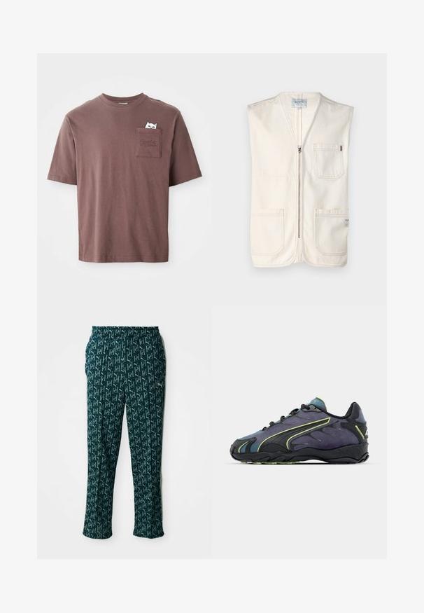 Beżowa bezrękawnik wykonana z bawełny, z zamkiem błyskawicznym z przodu, dwiema dużymi kieszeniami z przodu oraz małą metką na dolnym prawym boku.; Brązowa bawełniana koszulka z krótkim rękawem. Posiada kieszeń na piersi z grafiką kota zaglądającego na zewnątrz oraz napisem "PUMA" wytłoczonym na kieszeni.; Zielone spodnie w wzór z powtarzającym się nadrukiem logo, z elastycznym pasem i prostym krojem, zaprezentowane na neutralnym tle.; Czarno-fioletowe buty sportowe z teksturowaną cholewką, zielonymi akcentami i gumową podeszwą z falistym wzorem. Sznurowane zapięcie.