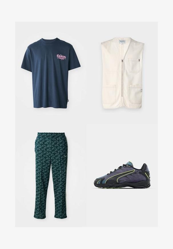 Vesta bej fără mâneci, confecționată din bumbac, cu un fermoar frontal, două buzunare mari în față și un mic etichetă în colțul din dreapta jos.; Cămașă din bumbac de culoare albastră marină cu un logo imprimat roz pe piept, cu textul "Dickies Quality Made Workwear." Mâneci scurte, croială standard.; Pantaloni verzi cu un model în formă de logo repetat, cu un tiv elastic și un croi drept, expuși pe un fundal neutru.; Pantofi sport negri și mov, cu un superior texturat, linii de accent verzi și o talpă din cauciuc cu un design ondulat. Închidere cu șireturi.